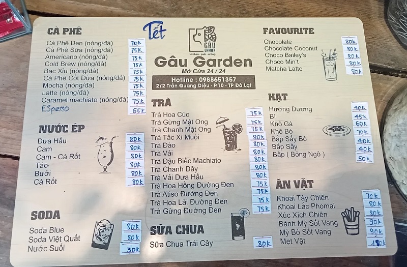 Menu quán Gâu Garden.