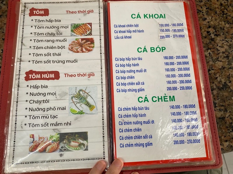 Thực đơn của quán Bảy Giai Vũng Tàu.